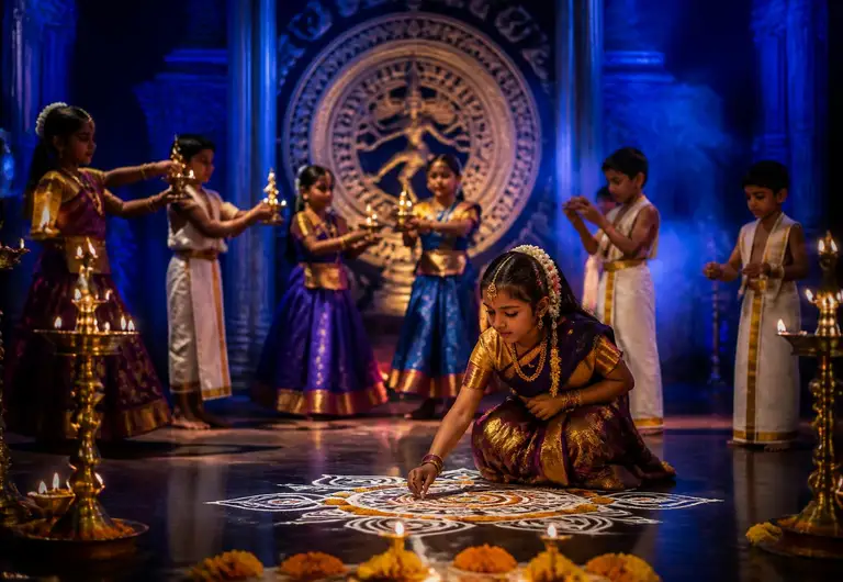 Nunmaan students performing in traditional Tamil attire at a cultural event